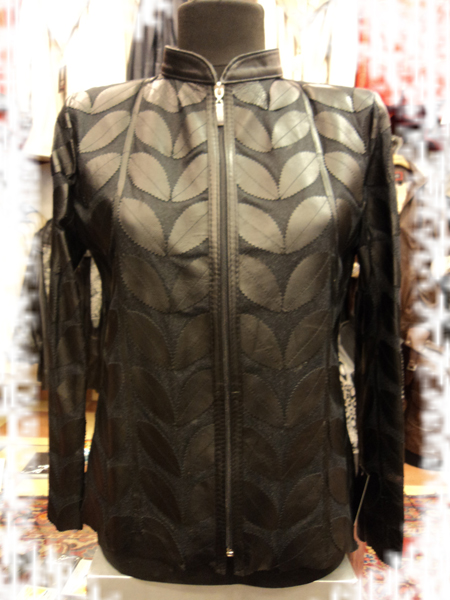 Plus Size Black Leather Leaf Jacket for Woman [ Click to See Photos ]