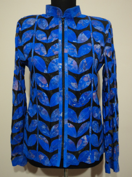 Plus Size Flower Pattern Blue Leather Leaf Jacket for Woman [ Click to See Photos ]