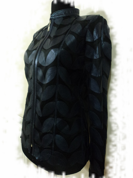 Plus Size Navy Blue Leather Leaf Jacket for Women