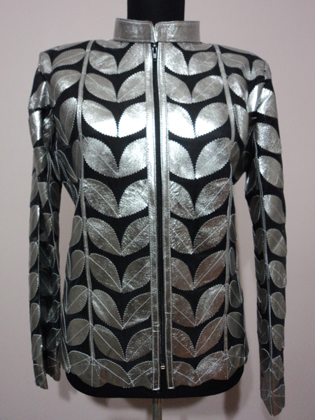 Plus Size Shiny Silver Gray Leather Leaf Jacket for Woman [ Click to See Photos ]