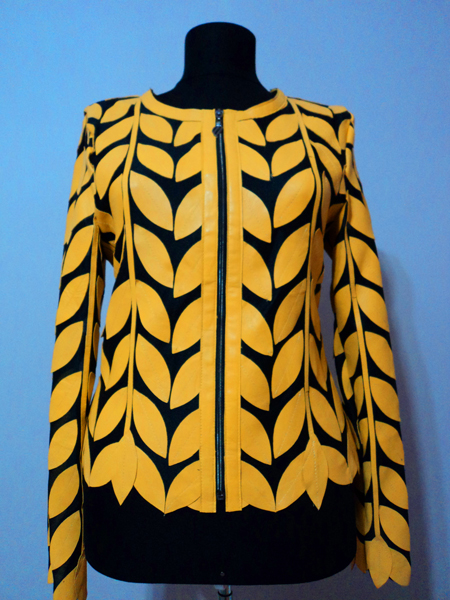 Yellow Leather Leaf Jacket for Woman Round Neck Design 11 Genuine Short Zip Up Light Lightweight [ Click to See Photos ]