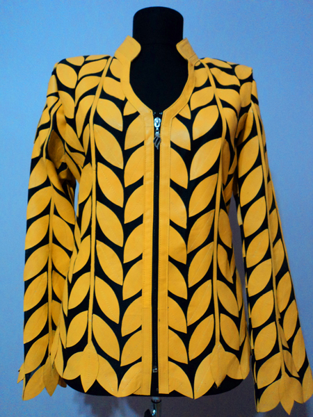 Yellow Leather Leaf Jacket for Woman V Neck Design 08 Genuine Short Zip Up Light Lightweight [ Click to See Photos ]