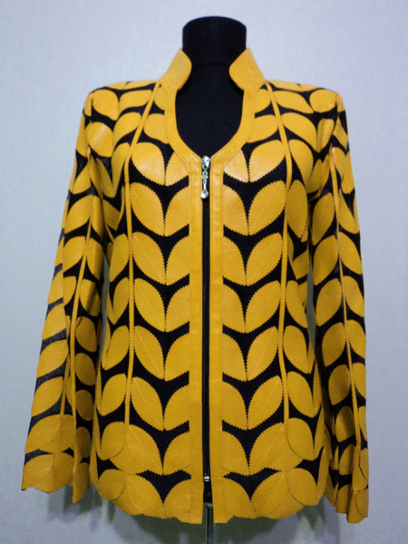 Yellow Leather Leaf Jacket for Woman V Neck Design 09 Genuine Short Zip Up Light Lightweight [ Click to See Photos ]