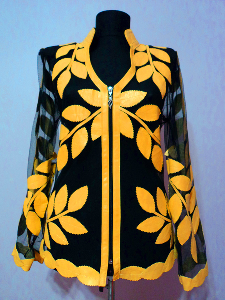 Yellow Leather Leaf Jacket for Woman V Neck Design 10 Genuine Short Zip Up Light Lightweight [ Click to See Photos ]